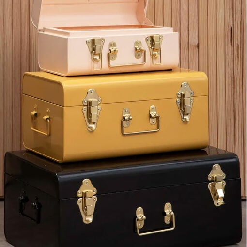 Retro Boho Set Of 3 Storage Trunks In Yellow Black Beige And Gold Metal