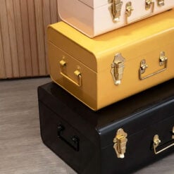 Retro Boho Set Of 3 Storage Trunks In Yellow Black Beige And Gold Metal