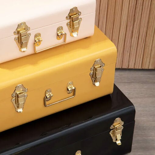 Retro Boho Set Of 3 Storage Trunks In Yellow Black Beige And Gold Metal