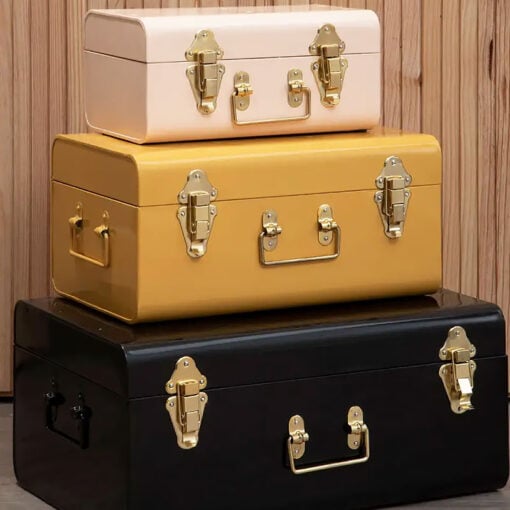 Retro Boho Set Of 3 Storage Trunks In Yellow Black Beige And Gold Metal