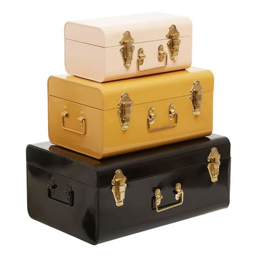 Retro Boho Set Of 3 Storage Trunks In Yellow Black Beige And Gold Metal