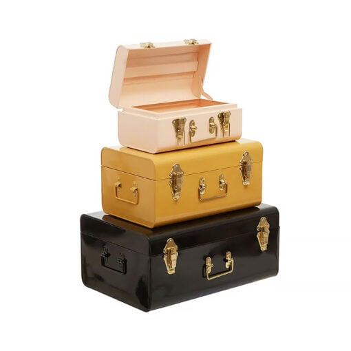 Retro Boho Set Of 3 Storage Trunks In Yellow Black Beige And Gold Metal