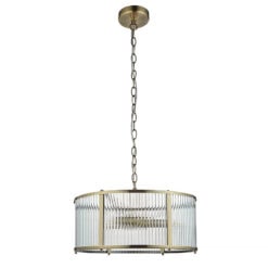 Ribbed Glass And Antique Gold Brass 3 Light Ceiling Pendant Chandelier 45cm