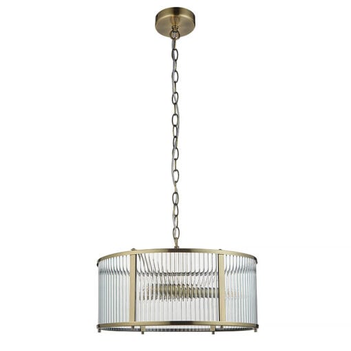 Ribbed Glass And Antique Gold Brass 3 Light Ceiling Pendant Chandelier 45cm