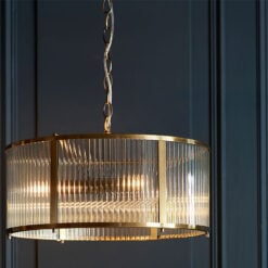 Ribbed Glass And Antique Gold Brass 3 Light Ceiling Pendant Chandelier 45cm