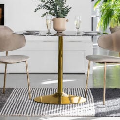 Round Black Marble Effect Glass And Gold 4 Seater Bistro Dining Table