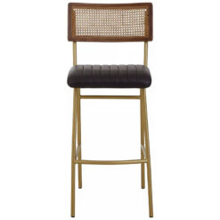 Set Of 2 Amerie Genuine Black Leather And Rattan Bar Stool With Gold Legs