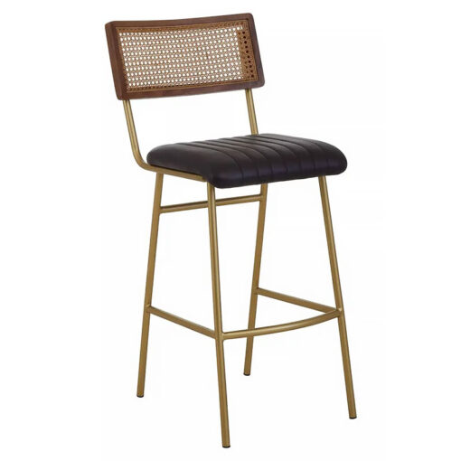 Set Of 2 Industrial Genuine Black Leather And Rattan Bar Stools With Gold Legs