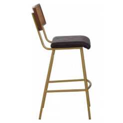 Set Of 2 Amerie Genuine Black Leather And Rattan Bar Stool With Gold Legs