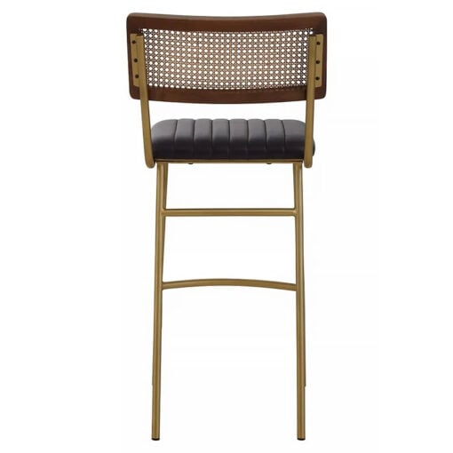 Set Of 2 Industrial Genuine Black Leather And Rattan Bar Stools With Gold Legs