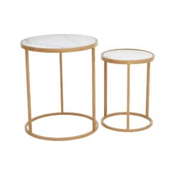 Set Of 2 Art Deco White Marble And Gold Metal Nesting End Side Tables