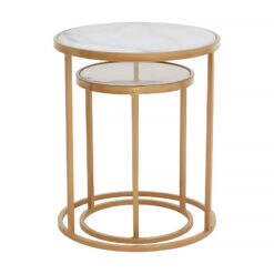 Set Of 2 Art Deco White Marble And Gold Metal Nesting End Side Tables