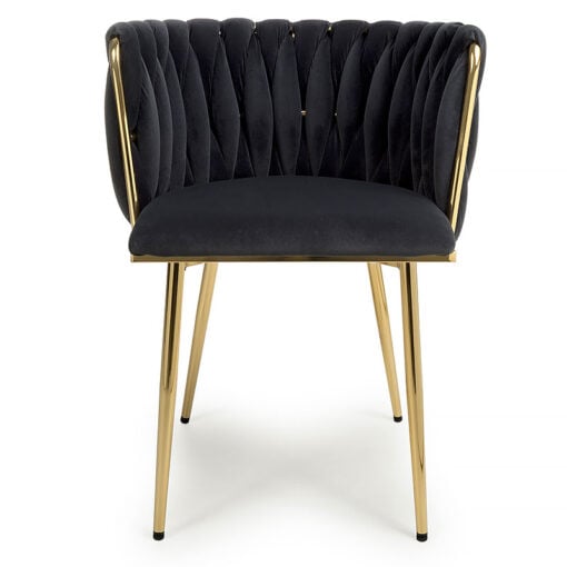 Set Of 2 Nanine Braided Black Velvet Tub Dining Chairs With Gold Legs