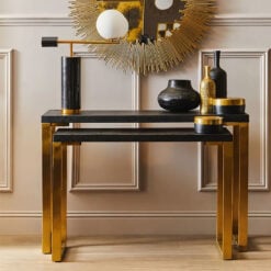 Set Of 2 Nesting Black Shagreen Leather And Gold Metal Console Tables