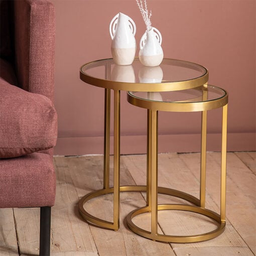 Set Of 2 Nesting Gold Metal And Clear Glass Side Table End Tables