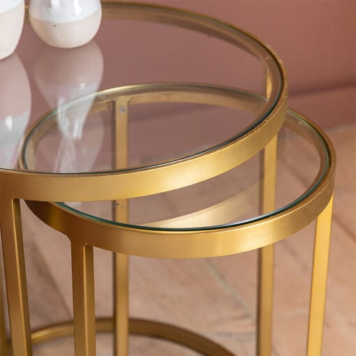 Set Of 2 Nesting Gold Metal And Clear Glass Side Table End Tables