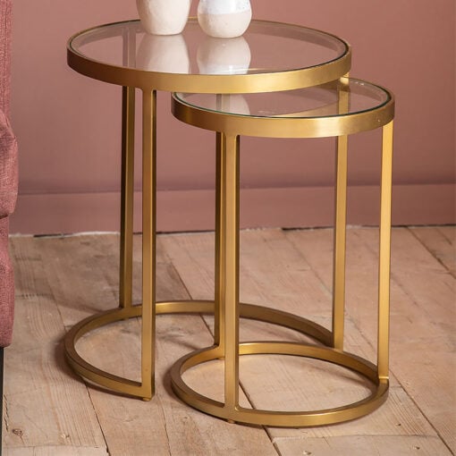 Set Of 2 Nesting Gold Metal And Clear Glass Side Table End Tables