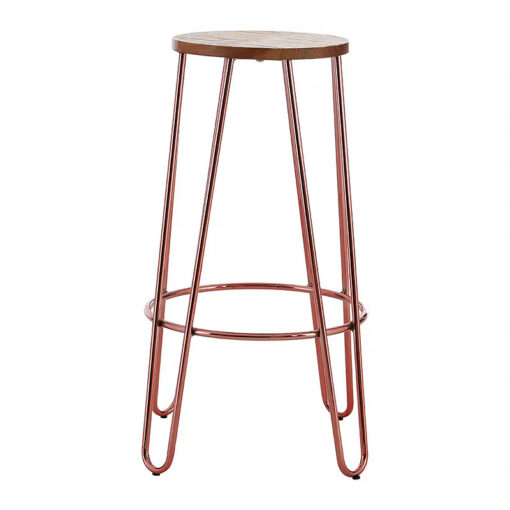 Set Of 4 Industrial Rose Gold Metal And Brown Elm Wood Bar Stools 75cm