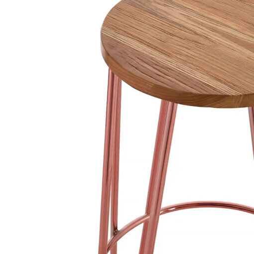 Set Of 4 Industrial Rose Gold Metal And Brown Elm Wood Bar Stools 75cm