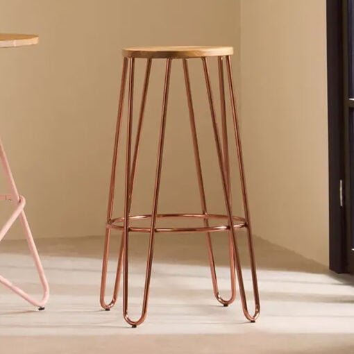 Set Of 4 Industrial Rose Gold Metal And Brown Elm Wood Bar Stools 75cm