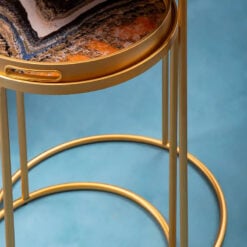 Set of 2 Art Deco Gold Metal And Abstract Art Nesting Tray Side Tables