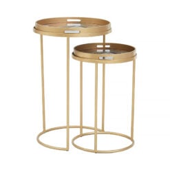 Set of 2 Art Deco Gold Metal And Abstract Art Nesting Tray Side Tables