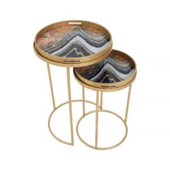 Set of 2 Art Deco Gold Metal And Abstract Art Nesting Tray Side Tables