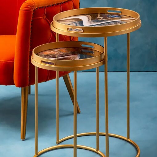 Set of 2 Art Deco Gold Metal And Abstract Art Nesting Tray Side Tables