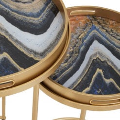 Set of 2 Art Deco Gold Metal And Abstract Art Nesting Tray Side Tables