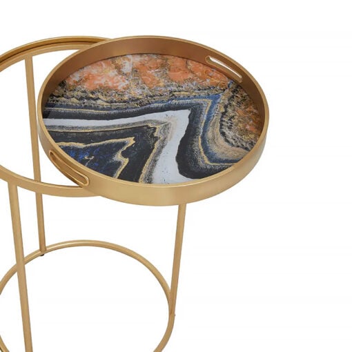 Set of 2 Art Deco Gold Metal And Abstract Art Nesting Tray Side Tables