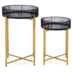 Set of 2 Black Wire And Mirrored GlassSide Tables With Gold Metal Base