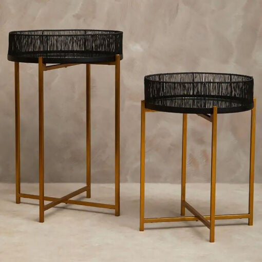 Set of 2 Black Wire And Mirrored GlassSide Tables With Gold Metal Base