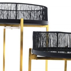 Set of 2 Black Wire And Mirrored GlassSide Tables With Gold Metal Base