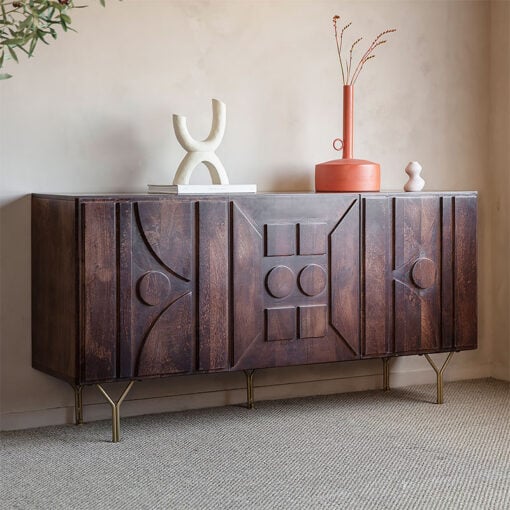 Solid Brown Mango Wood and Antique Gold 3 Door Boho Sideboard