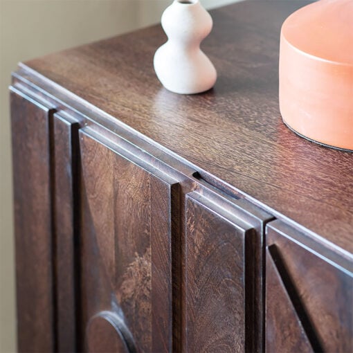 Solid Brown Mango Wood and Antique Gold 3 Door Boho Sideboard