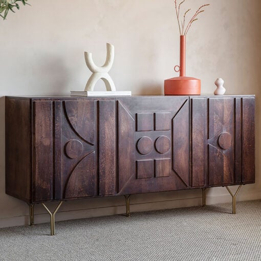 Solid Brown Mango Wood and Antique Gold 3 Door Boho Sideboard