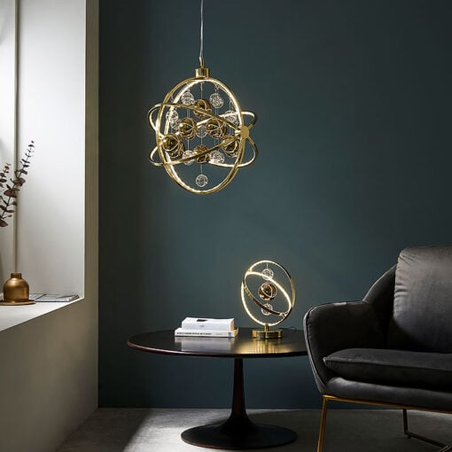 Atom Spherical Glass And Gold Metal 3 Light Ceiling Pendant Chandelier 48cm