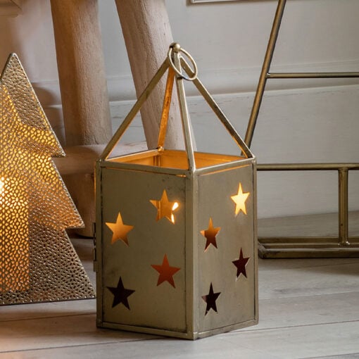 Starry Antique Gold Metal And Glass Candle Lantern