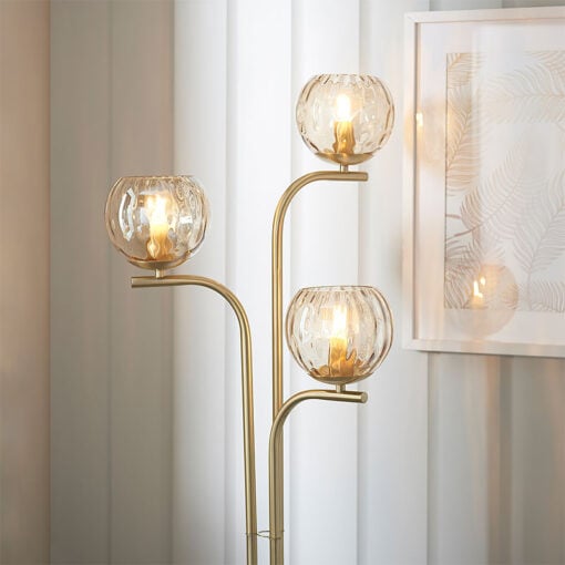 Textured Glass And Gold Brushed Brass 3 Light Floor Lamp 162cm