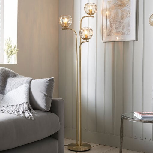 Textured Glass And Gold Brushed Brass 3 Light Floor Lamp 162cm