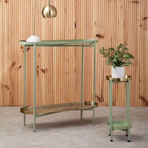 Tia Boho 2 Tier Green And Gold Metal Tray Slim Console Hallway Table