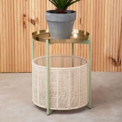 Tia Boho Round 2 Tier Green And Gold Side Table With Cotton Basket