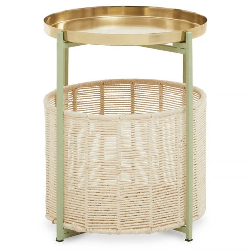 Tia Boho Round 2 Tier Green And Gold Side Table With Cotton Basket