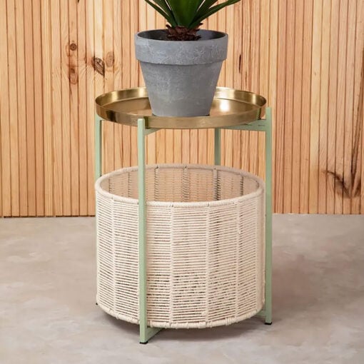 Tia Boho Round 2 Tier Green And Gold Side Table With Cotton Basket