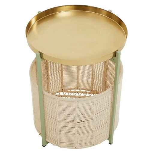 Tia Boho Round 2 Tier Green And Gold Side Table With Cotton Basket