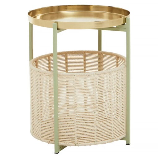 Tia Boho Round 2 Tier Green And Gold Side Table With Cotton Basket