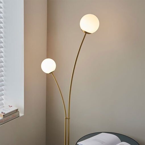 White Glass and Gold Brushed Brass 2 Light Floor Lamps