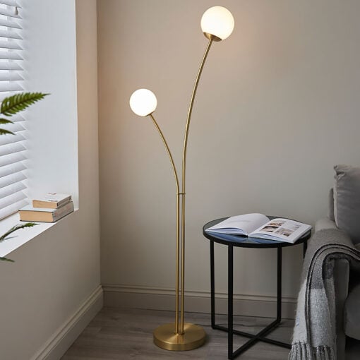 White Glass and Gold Brushed Brass 2 Light Floor Lamps