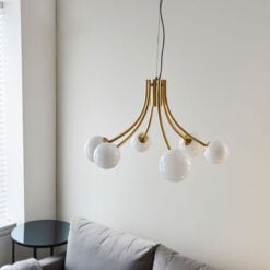 White Glass and Gold Brushed Brass 6 Light Ceiling Pendant Chandelier