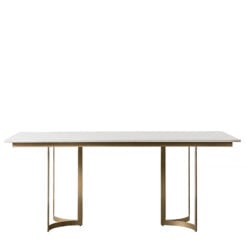 White Marble And Antique Gold Brass Metal 6 Seater Art Deco Dining Table